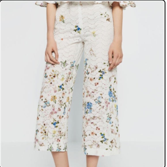 ZARA Floral Printed Culottes Embroidered Cut Out Cropped Pants Trousers Cream - Picture 4 of 9